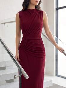 Modelyn Half-High Neck Sleeveless Pleated Versatile Elegant Elegant Vacation Party Dinner Dress Burgundy Summer - Burgundy - View 2