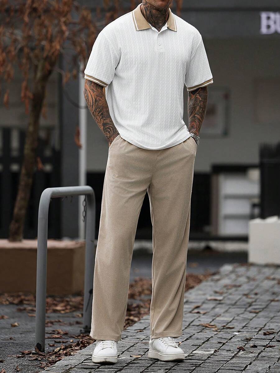Manfinity CasualCool 男士休閒時尚拼接短袖 Polo 衫套裝,外出必備,適合送給家人與男友的禮物 - 卡其色 - 查看 1
