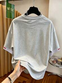 少女復古休閒可愛甜美草莓兔海軍藍條紋印花短袖落肩上衣 - 白色 - 查看 2