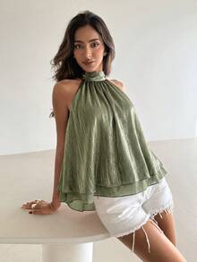 Aloruh Women's Elegant Shiny Pink Backless Top - Olive Green - View 5