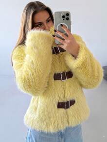Aloruh Women's Autumn/Winter Fitted Long Sleeve Faux Fur Jacket With Small Stand Collar And Button Closure, Light Yellow - Light Yellow - View 7
