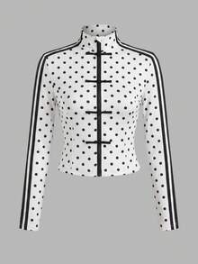 SHEIN Teen Girl Polka Dot Patchwork Casual Daily Long Sleeve Jacket - Black and White - View 5