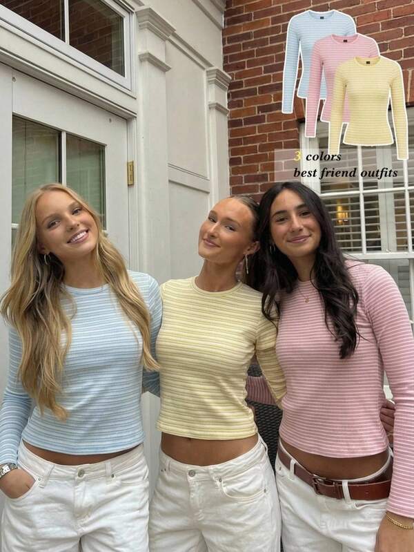 CovetEZ Paquete de 3 Camisetas de Manga Larga Casuales para Mujer con Rayas Azules, Blancas, Amarillas Claras y Rosas para la Escuela en Otoño