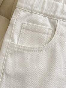 SHEIN Celana Jeans Denim Putih Kasual untuk Anak Perempuan & Remaja, Pinggang Elastis dengan Tali Serut untuk Kembali ke Sekolah, Pinggang Sedang, Potongan Longgar, Saku, Kaki Lebar, Nyaman untuk Pemakaian Sehari-hari, dan Menari - Putih - View 6