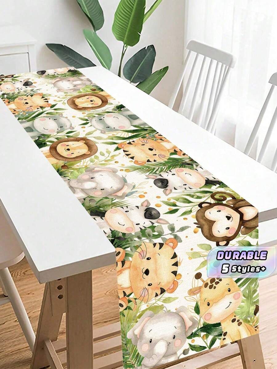 1PC POLYESTER WASHABLE DURABLE VIBRANT JUNGLE ANIMAL PATTERN TABLE RUNNER FOR BIRTHDAY PARTY FAMILY GATHERING HOME DINING ROOM KITCHEN DECOR PARTY SUPPLIES GIFT