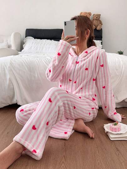 Napfluff Striped Heart Print Plush Hooded Long Sleeve Long Pants One-Piece Pajamas