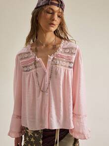 SHEIN New French Vintage Lace Blouse For Women, Round Neck, Long Sleeve, Ruffle Cuff, Loose Fit Doll Top - Pink - View 6