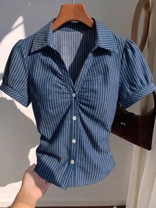 Comfortcana 女款休閒深V領條紋襯衫 - 彩色 - 查看 6