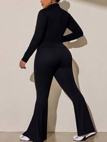 SHEIN Rhythm Era Women's Plus Size Color Block Long Sleeve Top And Flare Pants Casual Daily Sports Set Fall - Black - View 2