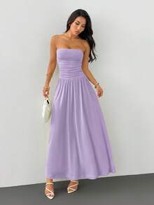 SHEIN PETITE Gaun Elegan Wanita Model Bandeau Berlipit Warna Polos - Mauve Purple - View 6