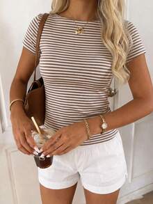 CovetEZ Casual Minimalist Sexy Open Shoulder Brown Striped Short Sleeve T-Shirt, Suitable For Spring And Summer, Spring And Summer Outfit Matching, Brown Stripes Make You Look Fairer - Multicolor - View 5