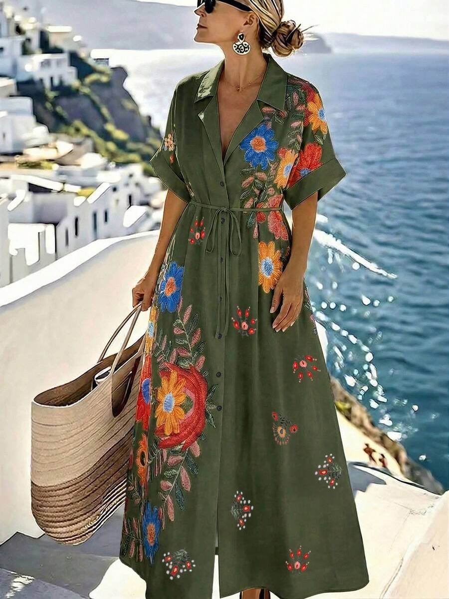 Louniche Women's Casual Vacation Placement Print Batwing Sleeve Long Dress, Suitable For Daily Wear And Vacation - Multicolor - View 1