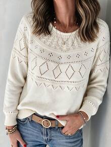 Louniche Women's Early Autumn Textured Fine Hollow Knit Pullover Round Neck Long Sleeve Sweater - Beige - View 6