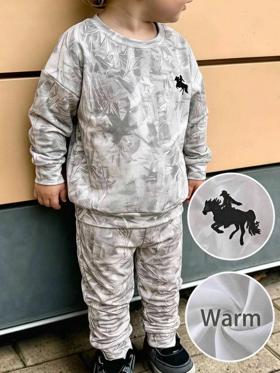 THE HAPPY LOOK 兒童小男孩針織柔軟圓領長袖套頭運動衫與彈性腰長褲2件套 - 彩色 - 查看 1