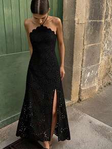 Travachic Halter Neck Split Embroidered Backless Sleeveless Summer Heavy Work Dress Elegant Fall Outfits Boho&Vacation - Black - View 9
