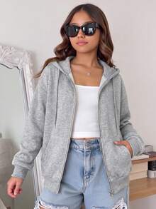 SHEIN 青少年女孩秋冬日常長袖連帽外套，附口袋 - 灰色 - 查看 1