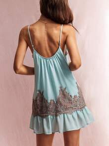 Willow Rêve Women's Light Blue Lace-Trim Pleated Mini Cami Dress, V-Neck Tie Front, Floral Ruffle, Relaxed Fit,Boho Romantic Summer Vacation,Elegant Party Dresses - Teal Blue - View 2
