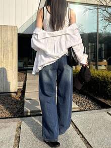 DAZY 女款寬鬆高腰修身直筒牛仔長褲，極簡百搭舒適落地褲，秋季款 - 藍色 - 查看 2