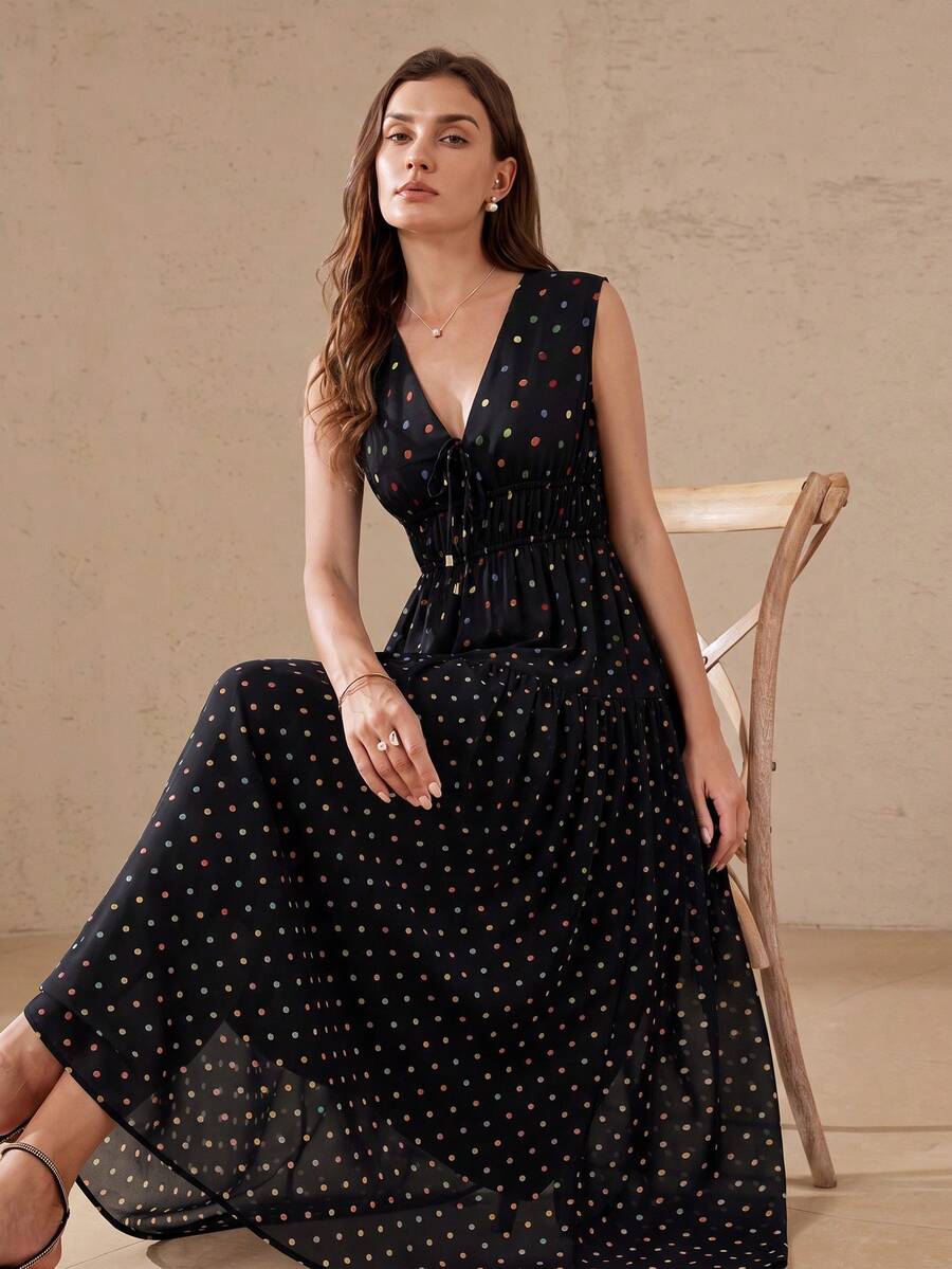 BELROSIE 法式浪漫優雅女款度假雪紡黑色波點V領前綁帶收腰顯瘦喇叭袖無袖洋裝,適合約會、早午餐、夏季 - 黑色 - 查看 1