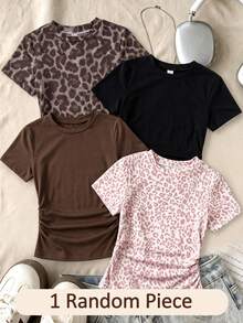 1 Random Pc Girls' Leopard Print Short Sleeve T-Shirt, 8-12 Years Old Active Round Neck Top, School, Summer Back-To-School Grey Leopard Print Black - Multicolor - View 1