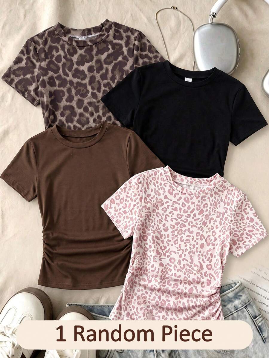 1 Random Pc Girls' Leopard Print Short Sleeve T-Shirt, 8-12 Years Old Active Round Neck Top, School, Summer Back-To-School Grey Leopard Print Black - Multicolor - View 1