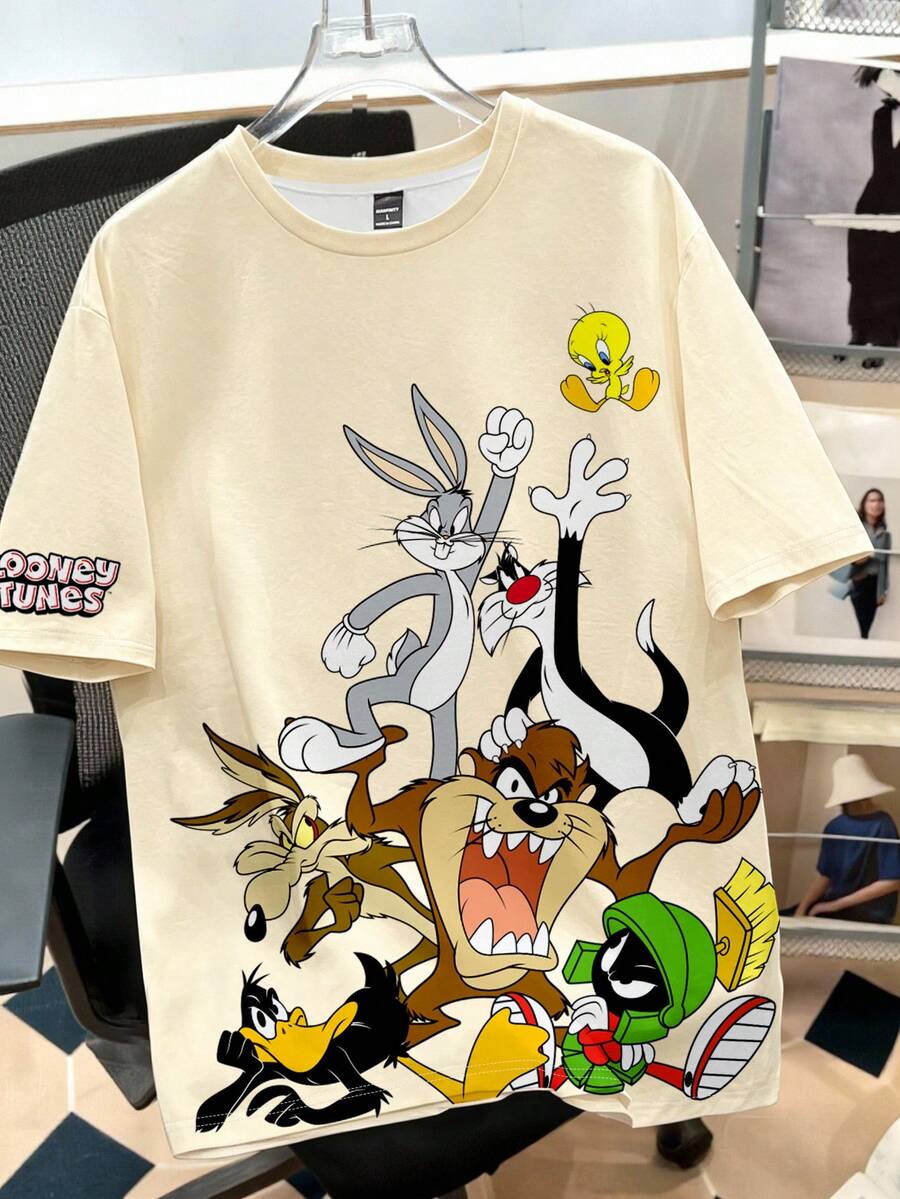 LOONEY TUNES X SHEIN Daypath 男士卡通印花圓領短袖休閒街頭風T恤 米色 夏季度假款 - 杏色 - 查看 1