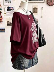 Lalippa 大尺碼女款花卉印花露肩短袖休閒寬鬆版型T恤 - 彩色 - 查看 3