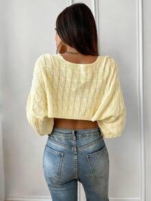 SHEIN 秋季休閒純色短版開襟羊毛衫 - 淡黃色 - 查看 2