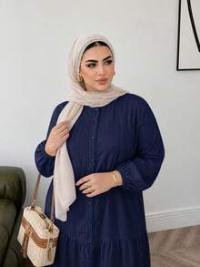 Solavon Plus Size Women Solid Color Pleated Casual Daily Summer Dress - Navy Blue - View 3