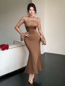Dazy Tall Women's Elegant Satin Lace Patchwork Round Neck Long Sleeve Flare Sleeve Dress Fall Wedding Guest Dress Women - Brown - View 10