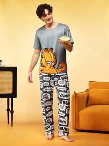 Notgurli GARFIELD | SHEIN طقم ملابس منزلية مطبوعة للرجال بتصميم مشترك العلامة التجارية - رمادي - مشاهدة 4
