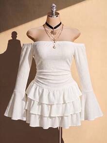 SHEIN ICON 女款大尺碼白色紋理露肩洋裝，適合婚禮賓客、度假、秋季休閒穿著 - 白色 - 查看 3