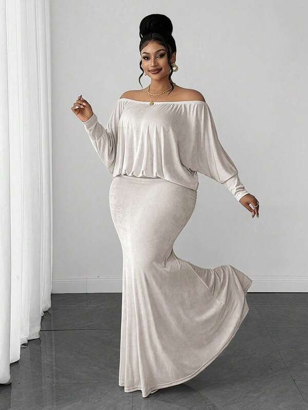 Maweii Vestido largo de punto elegante y casual para mujer de talla grande, versátil y único, con hombros descubiertos, mangas de murciélago y cintura ceñida, adecuado para verano, vuelta al colegio, graduación, Día de San Valentín, festival de música, Día de la Madre, Halloween, Acción de Gracias, Pascua, Día Nacional, baile de graduación, cita, fiesta, salida, etc.