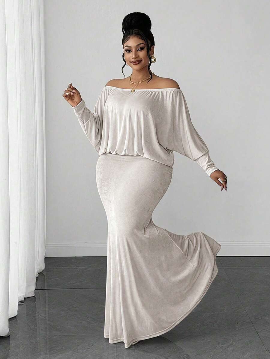 Maweii Vestido largo de punto elegante y casual para mujer de talla grande, versátil y único, con hombros descubiertos, mangas de murciélago y cintura ceñida, adecuado para verano, vuelta al colegio, graduación, Día de San Valentín, festival de música, Día de la Madre, Halloween, Acción de Gracias, Pascua, Día Nacional, baile de graduación, cita, fiesta, salida, etc. - Albaricoque - Ver 1