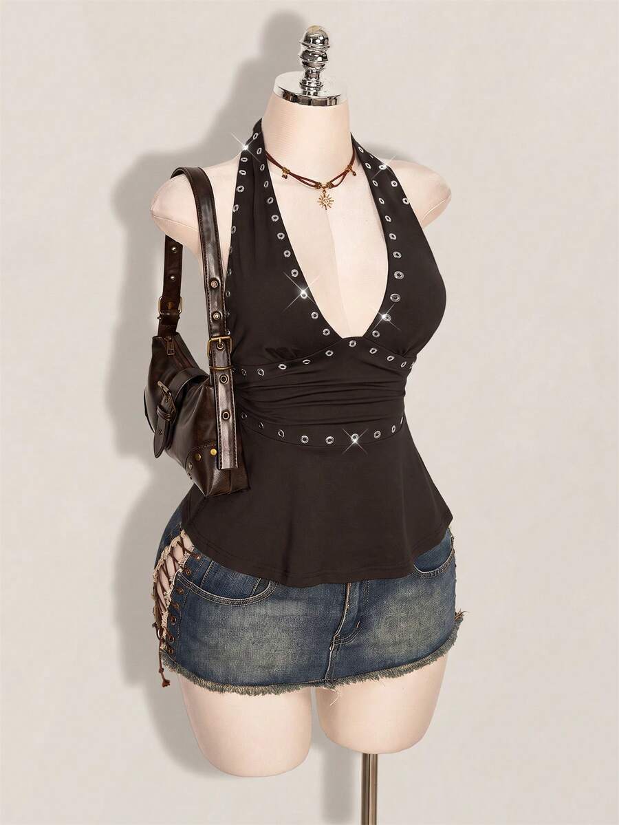 SHEIN ICON 萬聖節女款掛脖露背黑色娃娃裝背心 - 棕色 - 查看 1