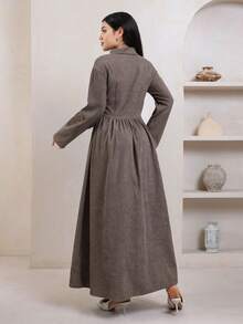 Veilorie Women's Autumn/Winter Casual Front Button Cinched Waist Long Dress - Brown - View 2