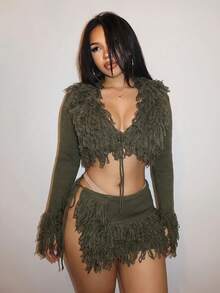 Slaydiva Women Army Green Fringe Knit Two Piece Set V‑Neck Cropped Cardigan Drawstring Mini Skirt Matching Outfit Club Party Holiday Tassel Matching Going‑Out - Army Green - View 9