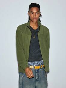 Modcrash Men's Casual Stand Collar Full Zip Minimalist Fleece Long Sleeve Jacket, Fall/Winter Fall/Autumn/Winter - Army Green - View 5