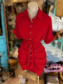 NostaNoir Vestido camisa de manga corta con cuello, abotonadura sencilla y cintura con lazo - Rojo - Ver 5