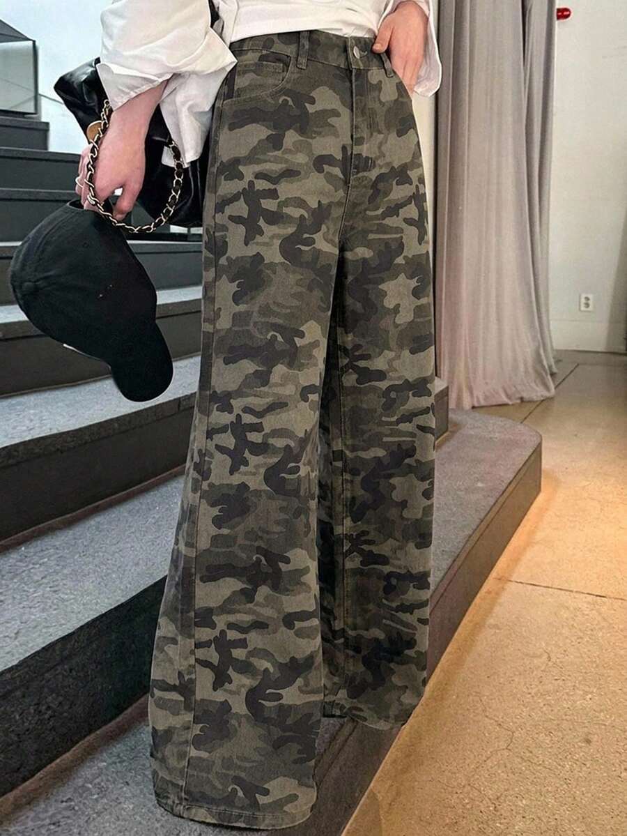 DAZY 女款寬鬆高腰修身直筒牛仔長褲,極簡百搭舒適拖地長褲 - 軍綠色 - 查看 1