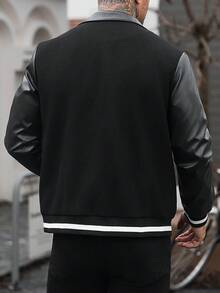 Manfinity CasualCool 男士純色拼接前開扣長袖字母印花休閒棒球夾克，隊服夾克 - 黑色 - 查看 2