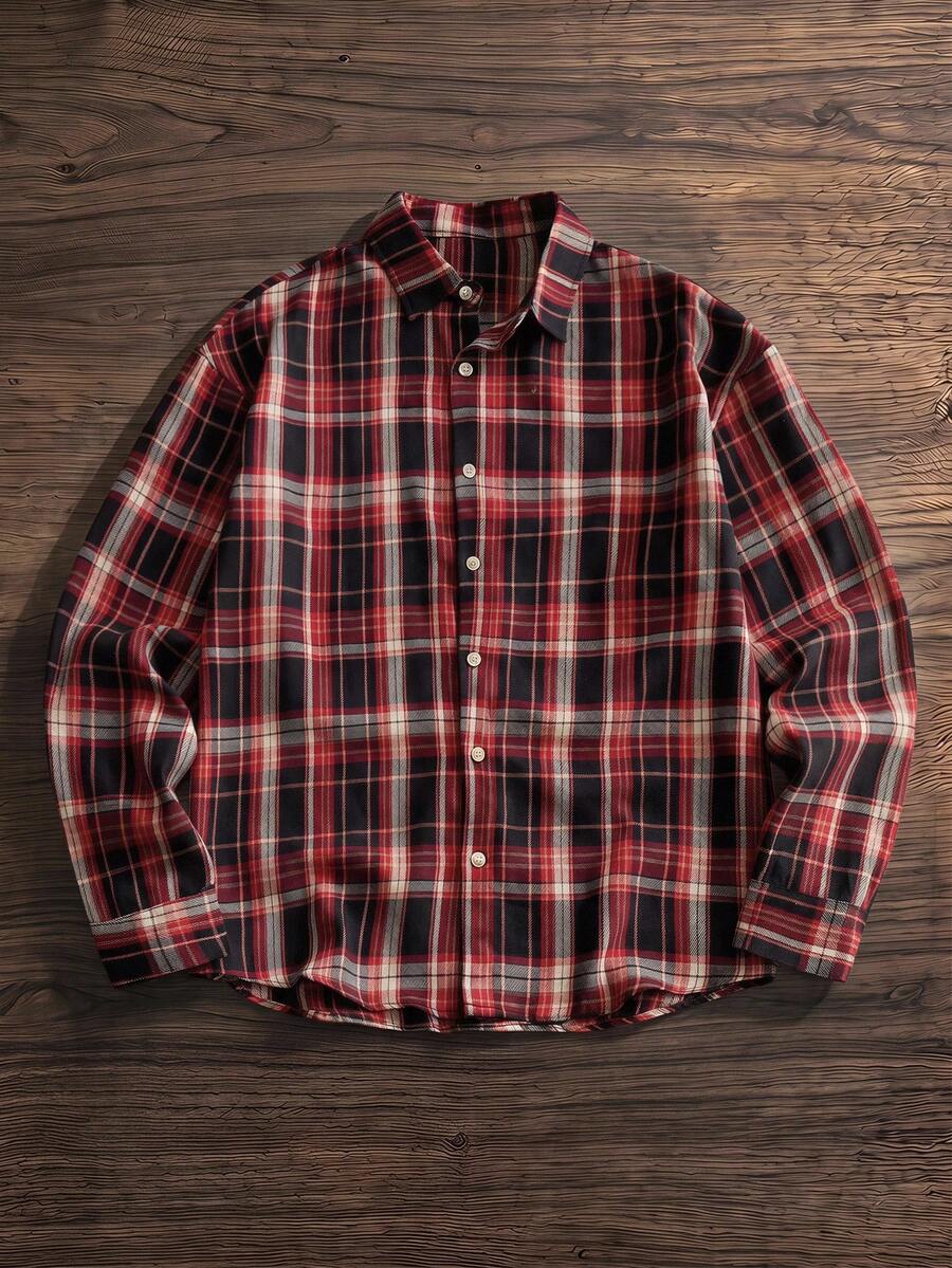 SWAVVY 1pc Ultra Loose Cotton Plaid Print Drop Shoulder Shirt - Brown - View 1