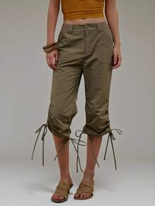 MUSERA Khaki Utility Ruched Leg Tie Capri Pant Summer Autumn Everyday Date Night Holiday Vacation Dazed - Olive Green - View 3
