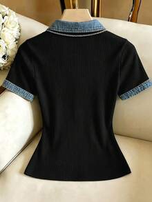 Selianne Women's Casual Daily Commute Polo Collar Denim Print Patchwork Top - Black - View 2