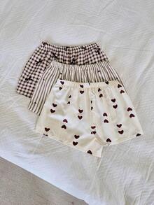 Dream Adore Women's Woven Bubble Crinkle Striped Heart Bow Print Tricolor Combination Bottoms - Multicolor - View 2