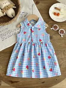 SHEIN Baby Girl 0-3years 1pc Casual And Cute Style Sleeveless Strawberry Printing ,Button Short Dress - Blue - View 4