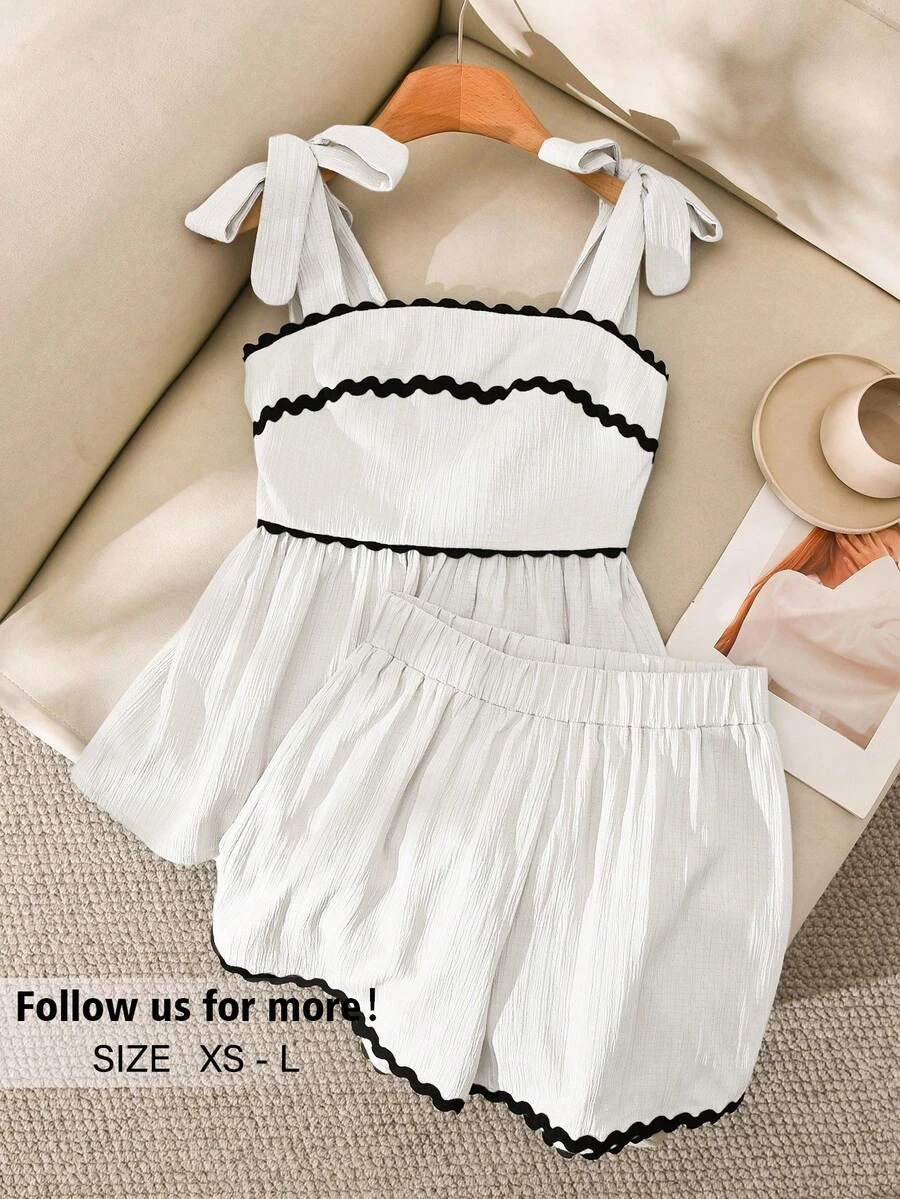 Story & Sage Women's Casual Home & Vacation 2-Piece Set, Spring/Summer Tie-Up Bow Camisole Top With Contrast Lace Trim, Apricot Color - White - View 1