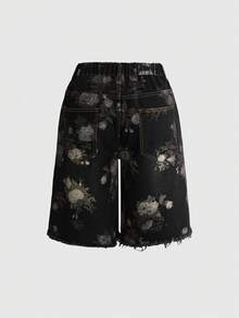 ROMWE Fairycore Vintage Floral Print Washed Plus Size Women's Loose Wide Leg Denim Capri Pants - Black - View 2