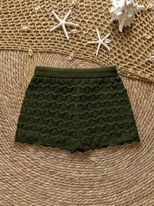 Soleia Knitted Crochet Drawstring Hollow Out Fitted Shorts - Army Green - View 2