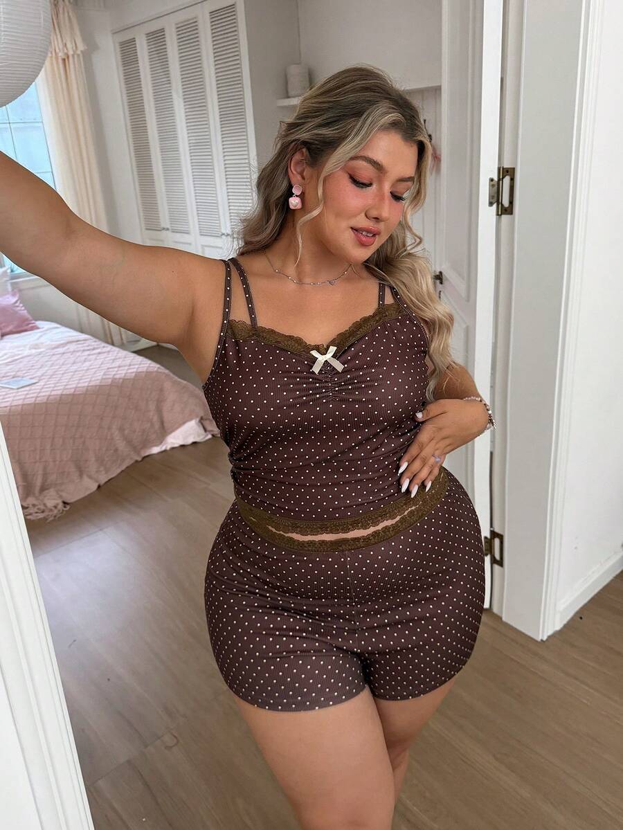 Slumberry CURVE Plus Size Women's Sweet & Sexy Polka Dot Print Ribbed Knit Camisole & Lace Patchwork Shorts Pajama Set - Brown - View 1